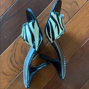 Black & white zebra print kitten heel sandals